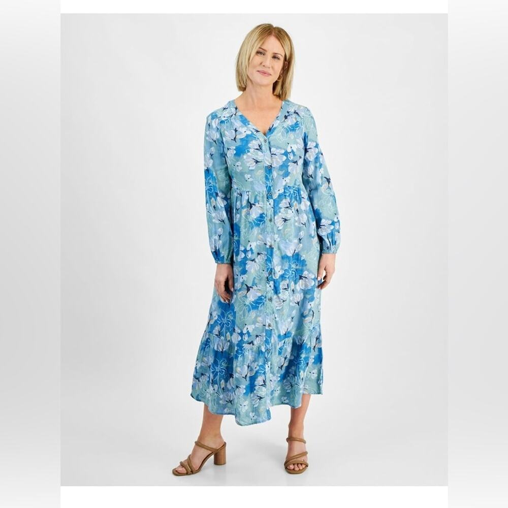 Style & Co Petite Printed Tiered Midi Dress Size Small Petite linen blend